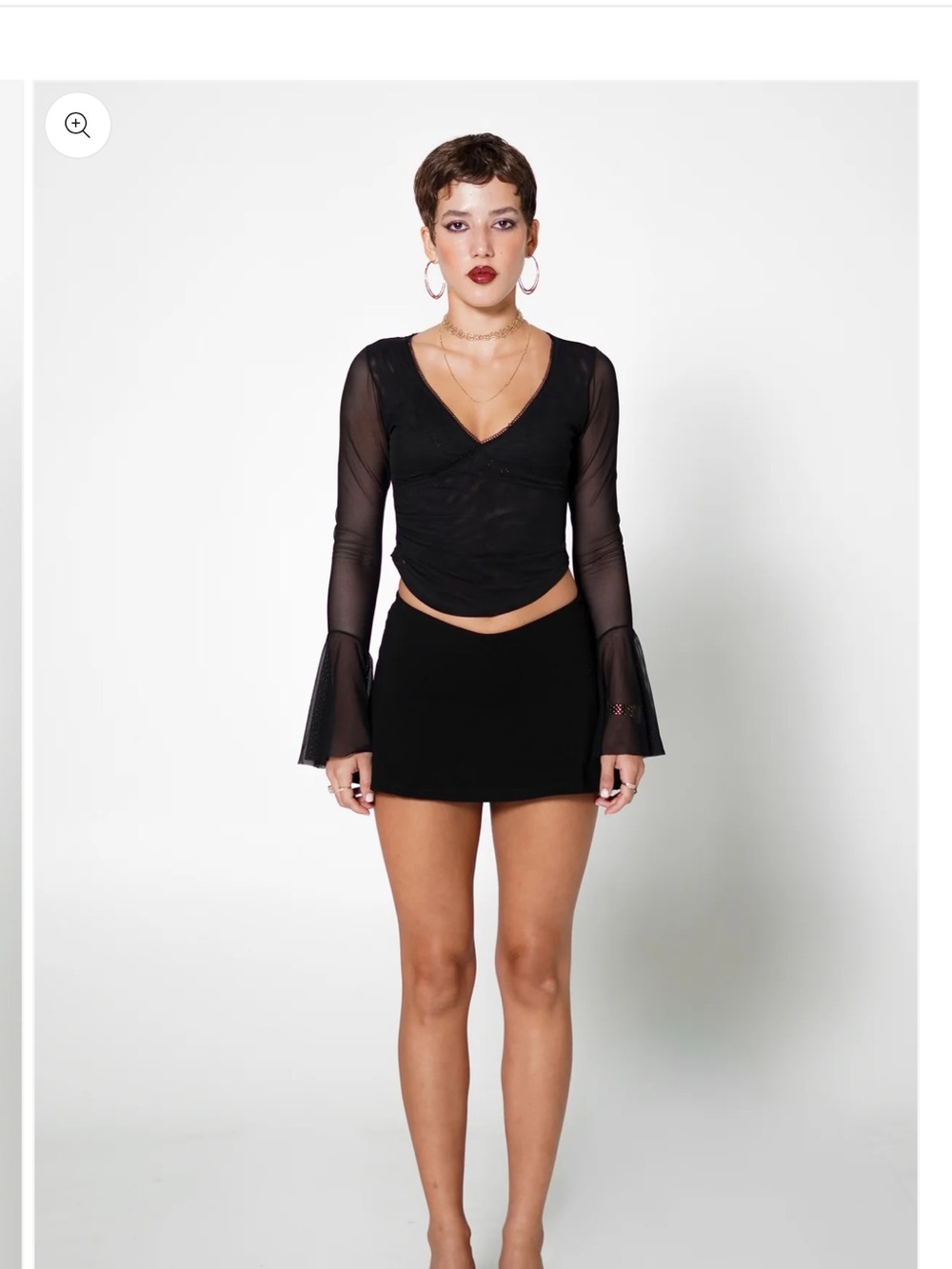 Black Sheer Bell-Sleeve V-Neck Crop Top